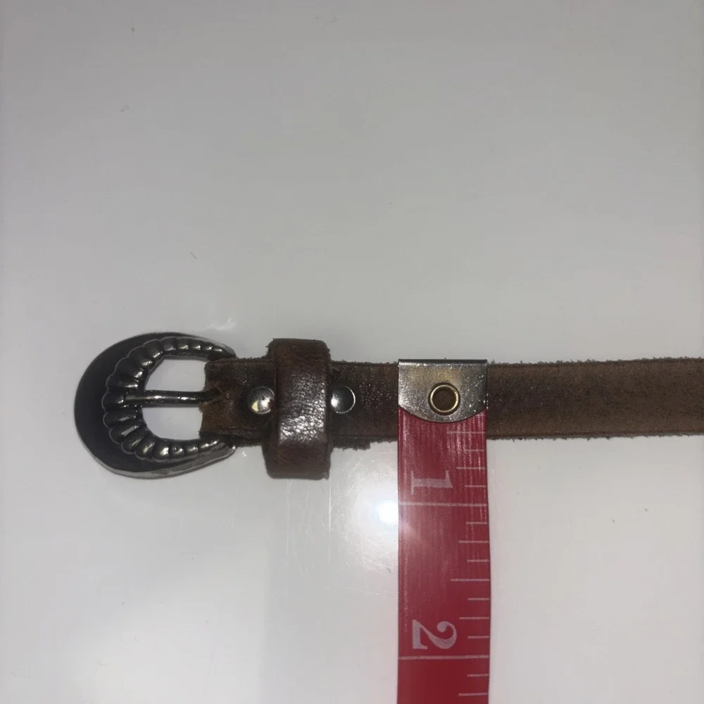 Vintage Brown Leather Skinny Belt Silver Etched Buckle Western Boho 30 Inch